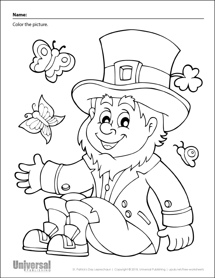 Preschool St. Patrick's Day coloring worksheet featuring shamrocks and rainbows