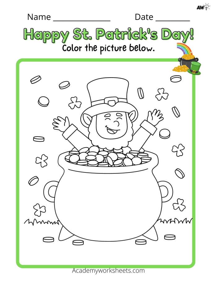 Preschool St. Patrick's Day coloring sheet featuring clovers and cheerful designs for early learners