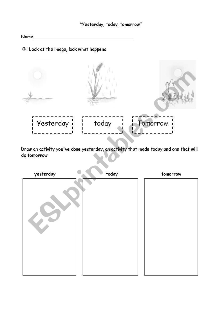 Preschool worksheet illustrating the concepts of yesterday, today, and tomorrow with simple drawings