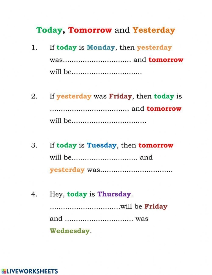 Preschool worksheet showing drawings representing yesterday, today, and tomorrow concepts
