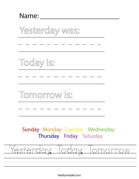 Preschool worksheet showing simple drawings to explain yesterday, today, and tomorrow concepts