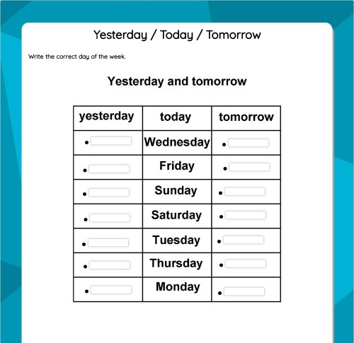 Preschool worksheet illustrating the concepts of yesterday, today, and tomorrow with simple drawings