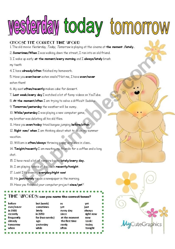 Preschool worksheet illustrating the concepts of yesterday, today, and tomorrow with simple drawings