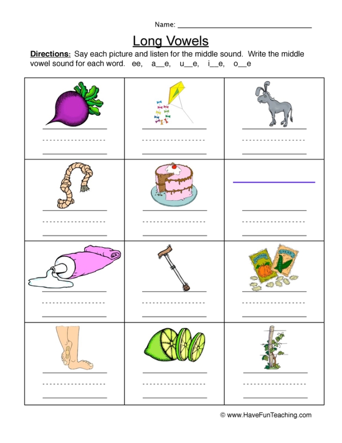 Preschool Long Vowel Hunt worksheet with pictures and words for finding long vowel sounds