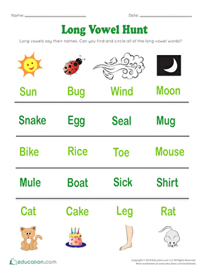 Preschool Long Vowel Hunt worksheet focusing on identifying long vowel sounds