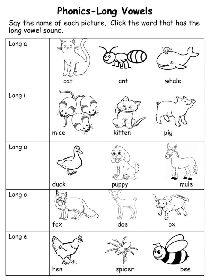 Preschool Long Vowel Hunt worksheet for identifying long vowel sounds