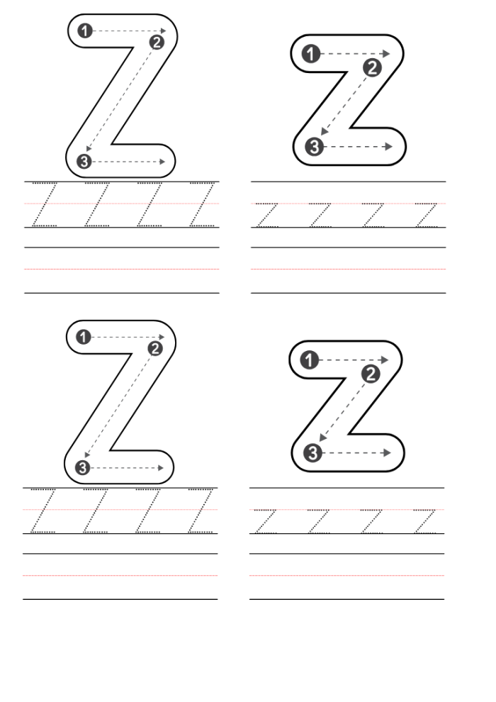 Preschool worksheet featuring activities for practicing the letter Z