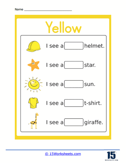 The Color Yellow worksheet for Pre-K students featuring tracing and coloring activities Colorful worksheet for preschoolers focusing on the color yellow and name writing skills