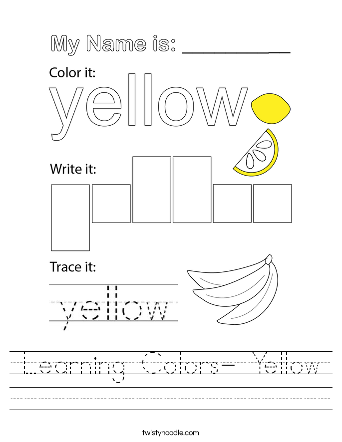 Writing worksheet for Pre-K Worksheet for preschoolers focusing on the color yellow, featuring name writing, word tracing, and coloring activities. The Color Yellow worksheet for Pre-K students to enhance their writing and motor skills.