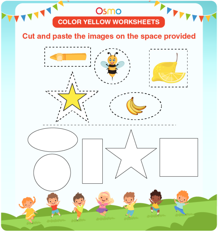 Writing worksheet for Pre-K Children engaged in activities on The Color Yellow worksheet, practicing writing, tracing, and coloring. Fun and educational worksheet for preschoolers focusing on the color yellow.