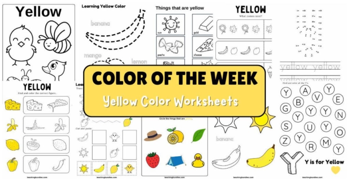 Writing worksheet for Pre-K Children engaging with The Color Yellow worksheet, practicing writing, tracing, and coloring activities. Educational worksheet for preschoolers focusing on the color yellow and basic writing skills.
