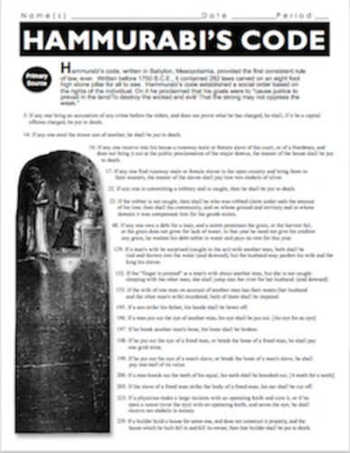 Worksheet featuring Primary Source Analysis of Hammurabi's Code for educational use Illustration of Hammurabi's Code worksheet designed for sixth-grade social studies students