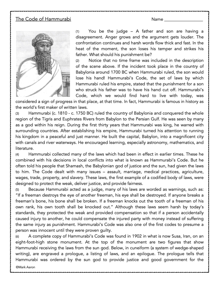 Educational resource for understanding Hammurabi's laws and Babylonian history Primary Source Analysis worksheet featuring Hammurabi's Code for sixth-grade students