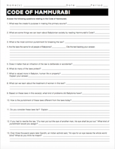 Data and Graphing worksheet for Sixth Grade Worksheet for analyzing Hammurabi's Code, designed for sixth-grade social studies students. Educational resource featuring the Babylonian king and his laws, perfect for primary source exploration.