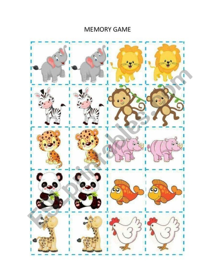 Printable Memory Game worksheet featuring children discovering matching picture pairs under pennies