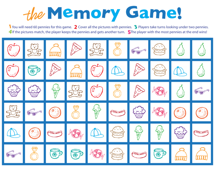 Printable memory game worksheet for second graders featuring matching pairs of pictures under pennies