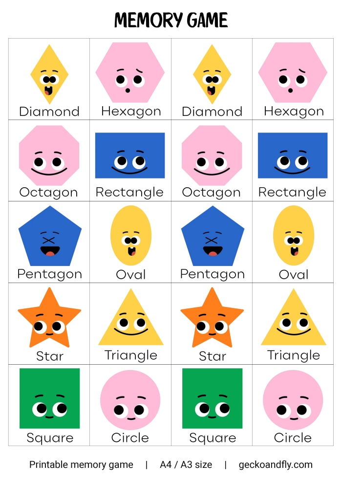 Printable Memory Game worksheet featuring children matching cards under pennies