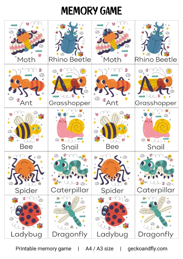 Printable memory game worksheet featuring kids uncovering matching pairs of pictures under pennies