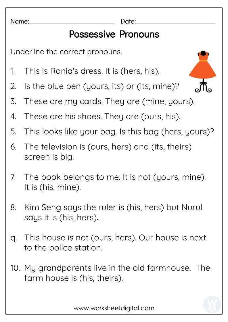 Worksheet featuring a review of possessive, relative, and indefinite pronouns for fourth graders