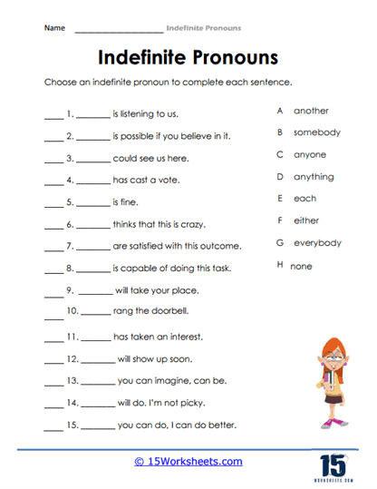 Worksheet featuring a pronoun review focusing on possessive, relative, and indefinite pronouns for fourth graders