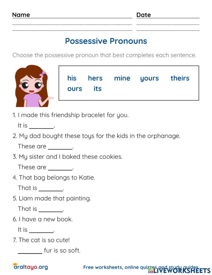 Worksheet showing a pronoun review focusing on possessive, relative, and indefinite pronouns for fourth graders.