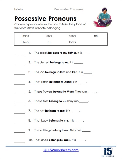 Worksheet for reviewing possessive, relative, and indefinite pronouns in fourth grade history class