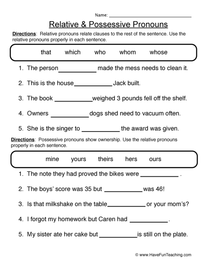 Worksheet featuring a review of possessive, relative, and indefinite pronouns for fourth-grade students