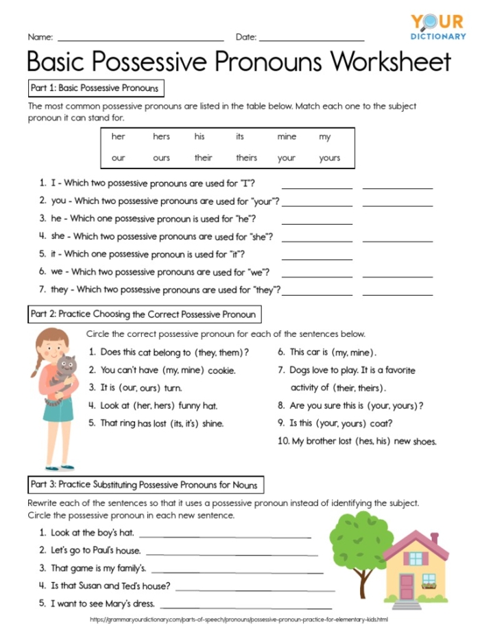 Worksheet illustrating a pronoun review focused on possessive, relative, and indefinite pronouns for fourth graders
