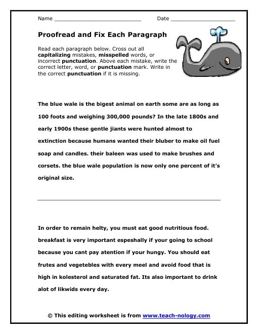Fifth grade life science worksheet showing a paragraph proofreading exercise with editing marks and corrections for students to identify errors