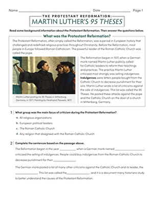 Sixth grade worksheet on Martin Luther’s 95 Theses exploring the Protestant Reformation