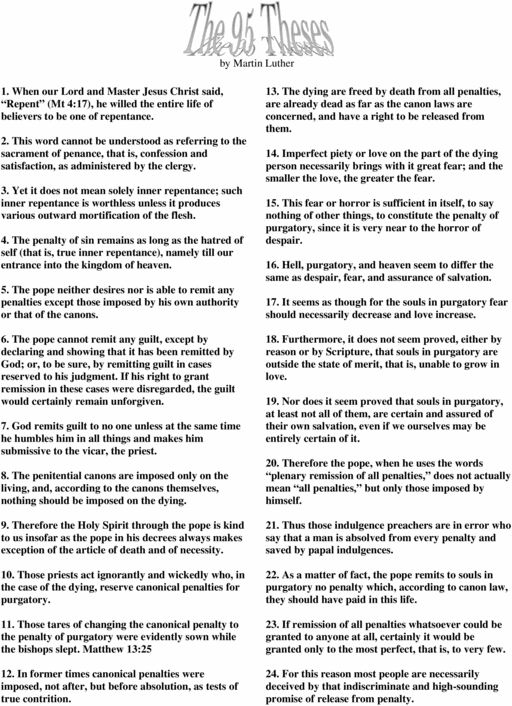 Sixth grade worksheet on Martin Luther’s 95 Theses exploring the Protestant Reformation