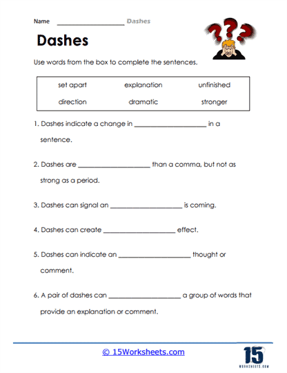 Punctuating a Pause: Commas and Dashes Educational Worksheet Worksheet exploring the use of commas and dashes for eighth graders