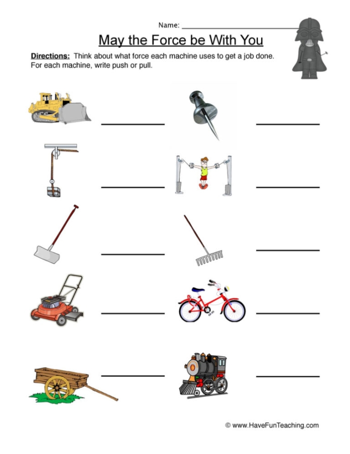 Second grader completing a Learn About Force worksheet showing different ways to apply push and pull forces