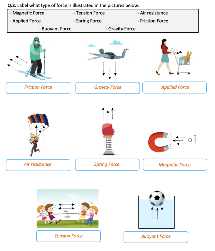 Second grader completing a Learn About Force worksheet by identifying push and pull actions