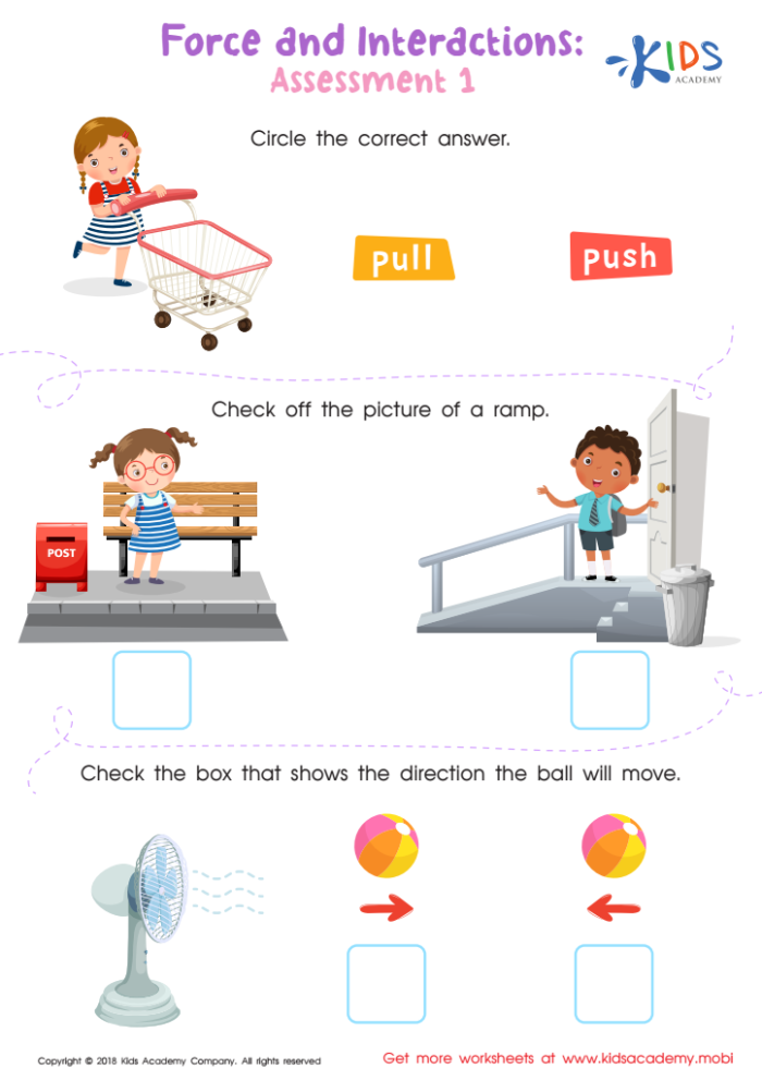 Second Grade worksheet showing kids pushing and pulling objects to learn about force