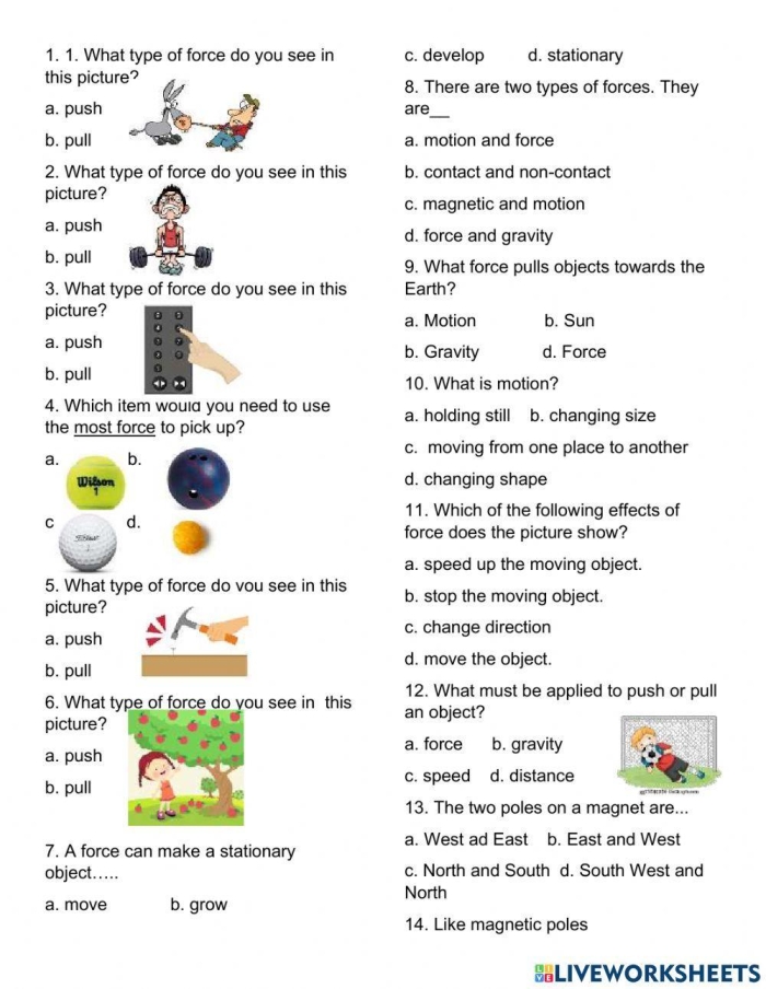 Second Grade worksheet helping children explore different ways people apply force through pushing and pulling