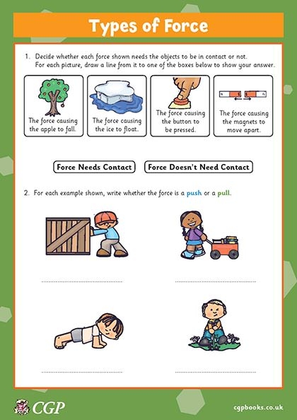 Second grader completing a Learn About Force worksheet by identifying pushes and pulls