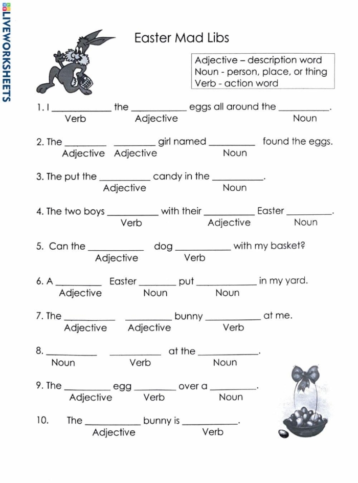 Colorful Rabbit Mad Libs worksheet for second graders focusing on multiplication skills