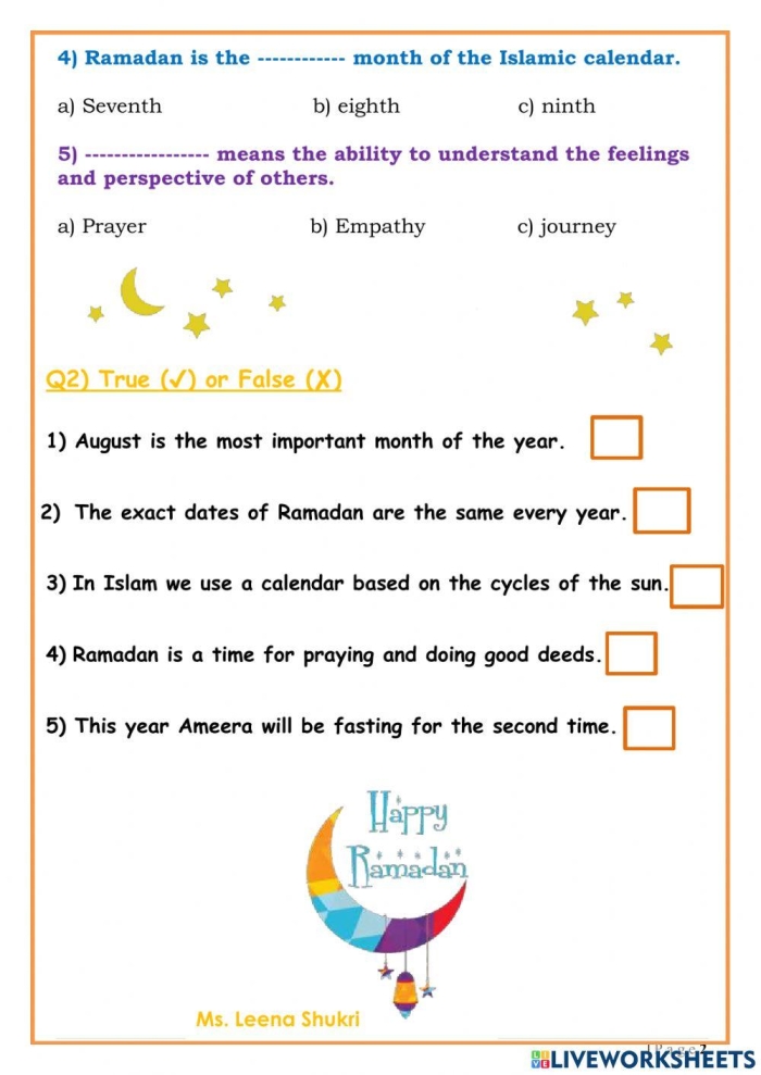 Fifth grade worksheet explaining the significance of Ramadan through data and graphing activities