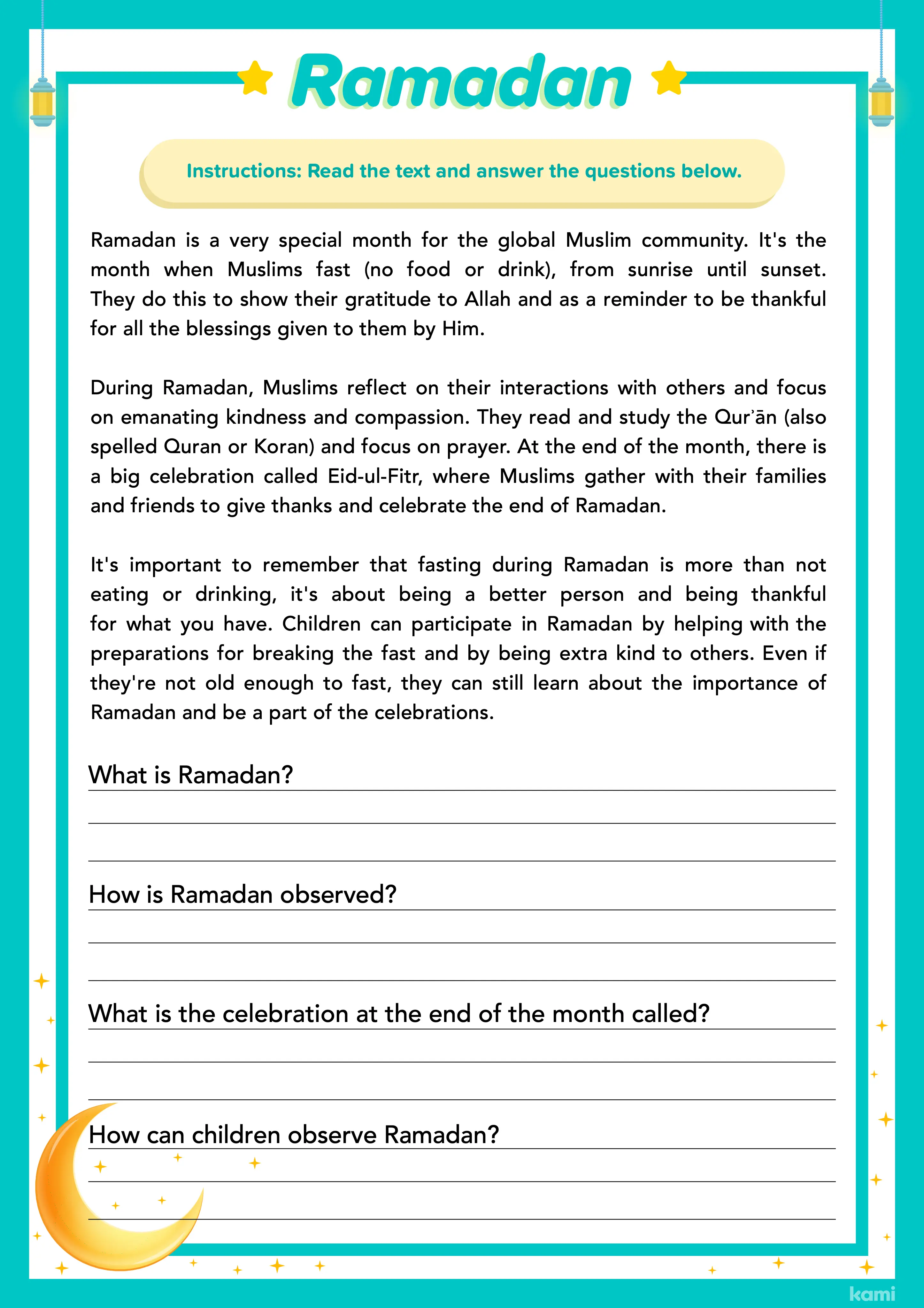 Discover the significance of Ramadan with this interactive worksheet for fifth graders Fifth grade student using a laptop to explore Ramadan in a Learn About Ramadan worksheet
