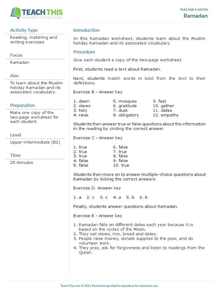 Fifth grade worksheet explaining the significance of Ramadan with charts and facts
