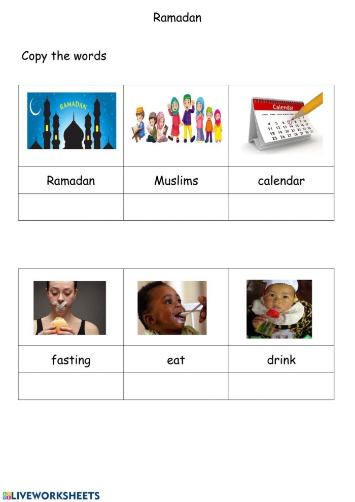 Explore Ramadan traditions with this informative worksheet for young learners, image 23 Fifth grade student completing a Learn About Ramadan worksheet focused on community and culture