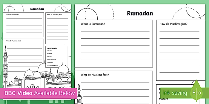 Fifth grade worksheet explaining Ramadan traditions and significance