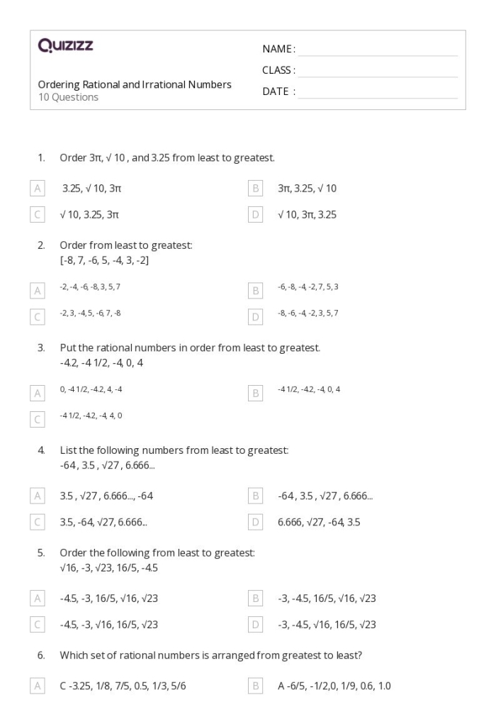 Rational and Irrational Numbers: True or False Worksheet for 8th Grade Students Eighth-grade math worksheet featuring true or false statements about rational and irrational numbers