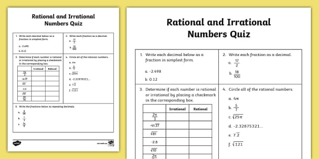 True or False Worksheet on Rational and Irrational Numbers for Grade 8 Eighth-grade students evaluating true or false statements about rational and irrational numbers in a worksheet