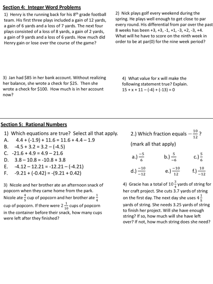 Sixth grade worksheet featuring rational number word problems involving decimals and mixed numbers