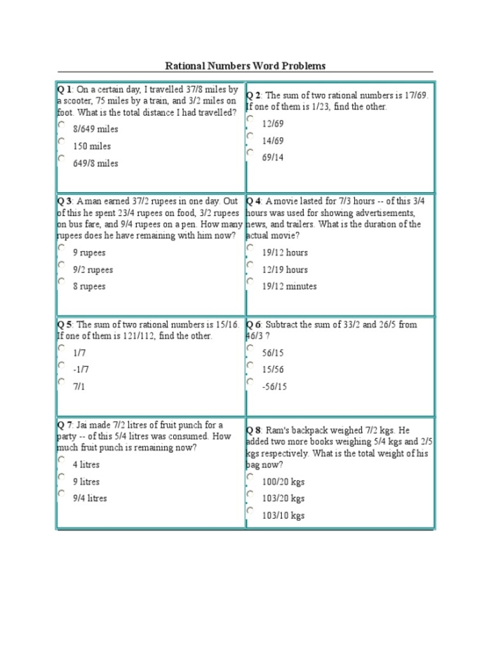 Sixth grade worksheet on rational number word problems featuring decimals and mixed numbers