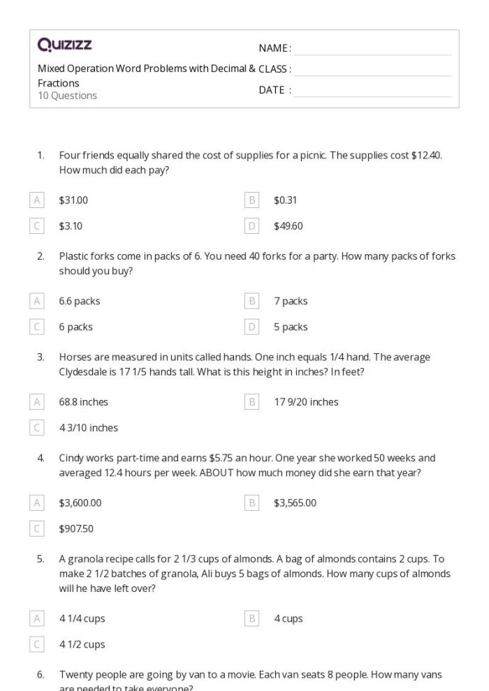Sixth grade worksheet on rational numbers featuring multiplication word problems with decimals and mixed numbers