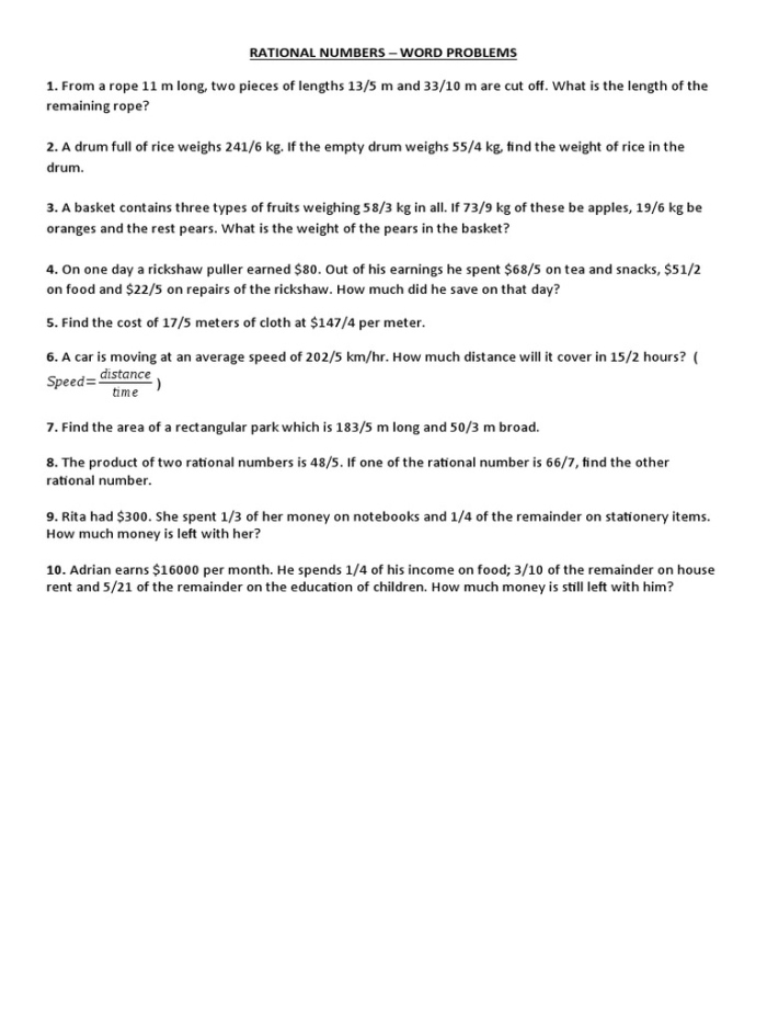 Sixth grade worksheet featuring rational number word problems with decimals and mixed numbers