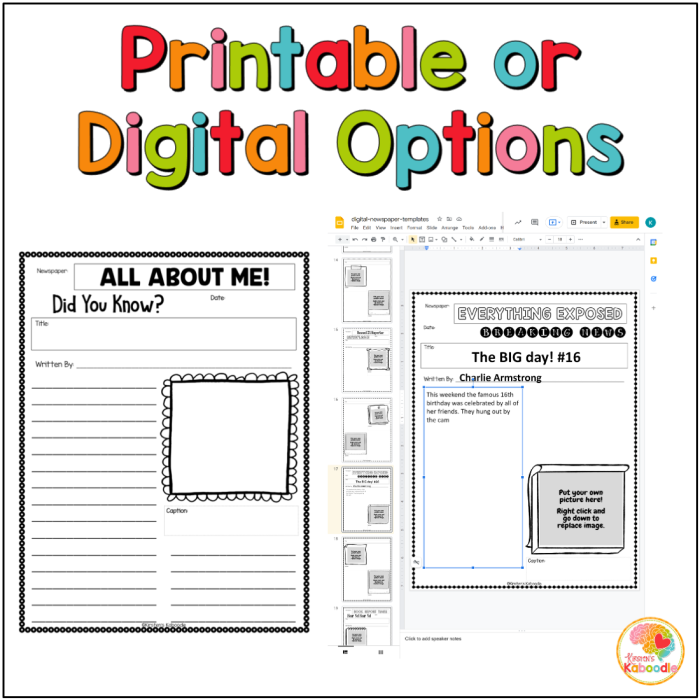 Fourth grade student completing a newspaper article template worksheet as part of a reading activity